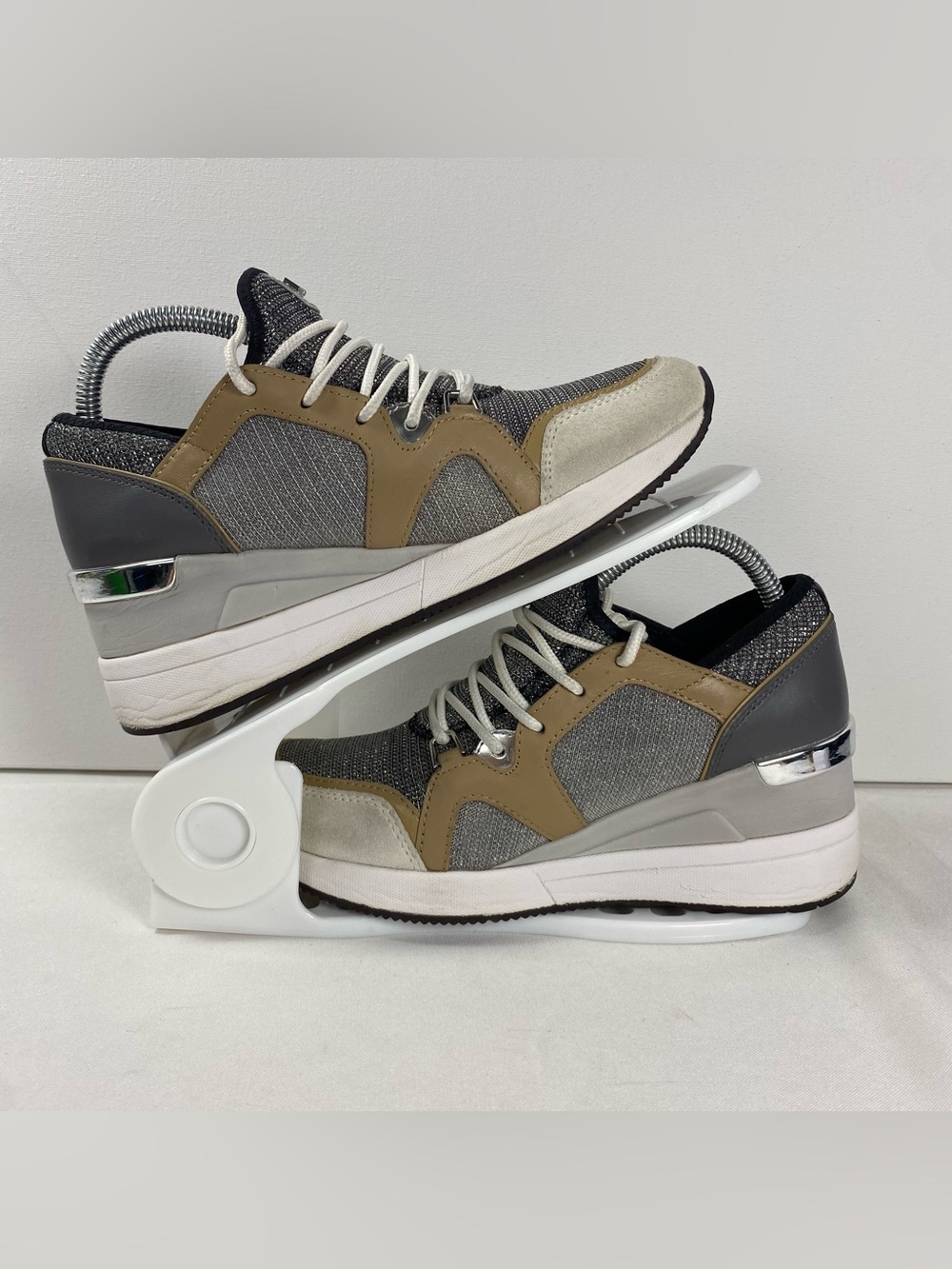 Michael Kors Liv Trainer Womens 6M Platform Wedge Sneakers Beige Silver Brown